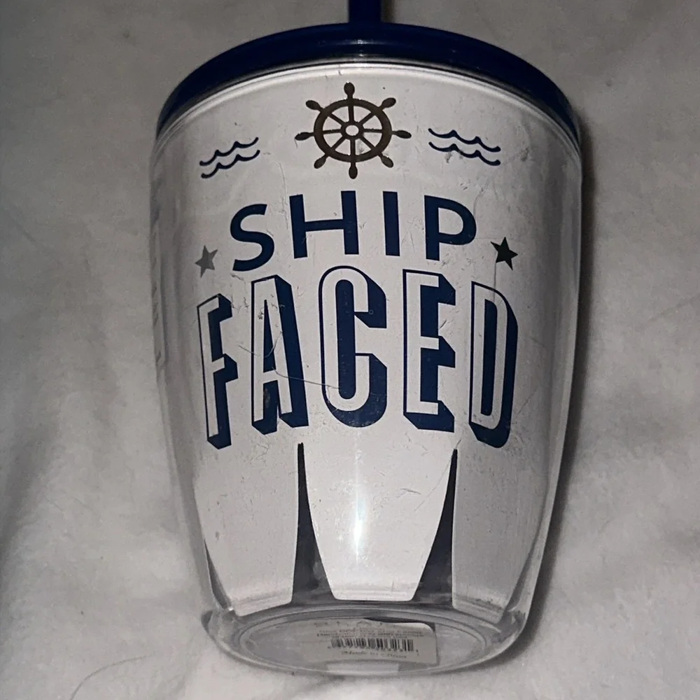 Ship Faced Tumbler Set with Navy Blue Lid and Straw Nautical Boating Theme 2